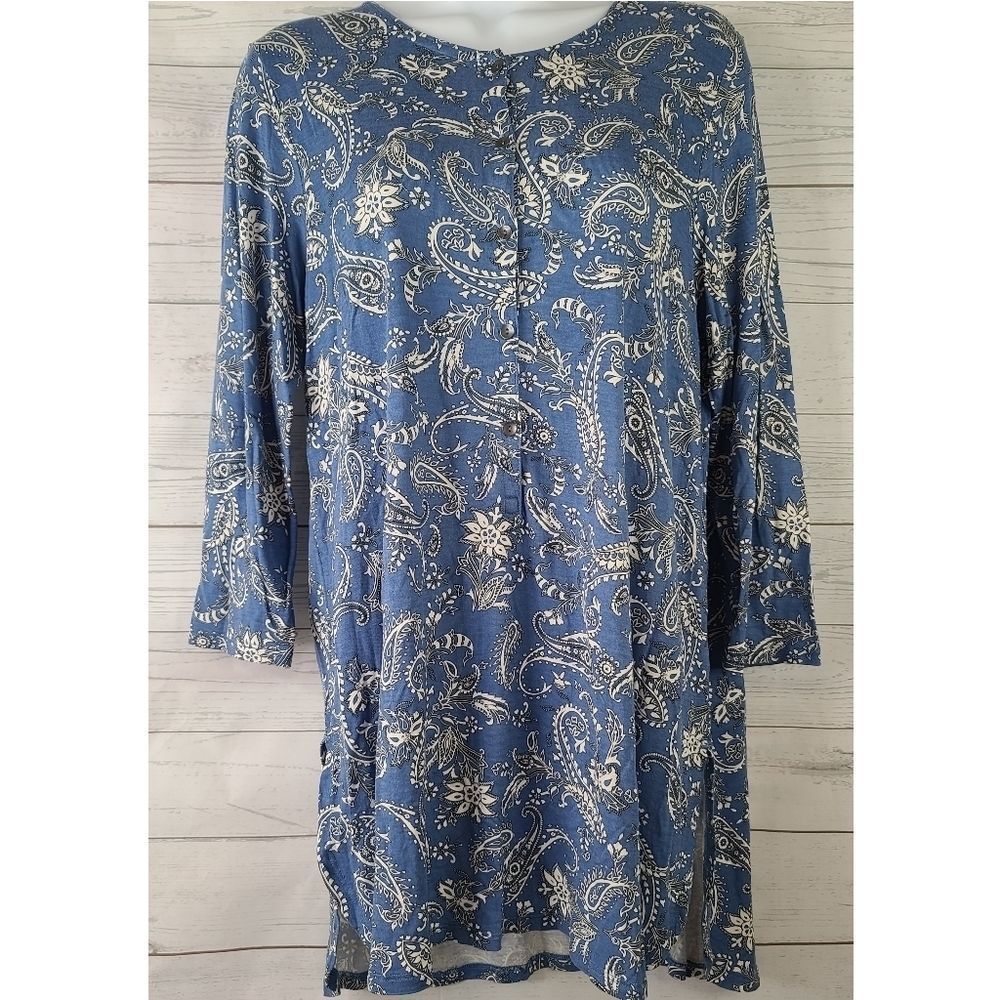 J Jill Small 1/2 Button Pullover Tunic Top Blue Paisley Long Sleeve Stretch Soft